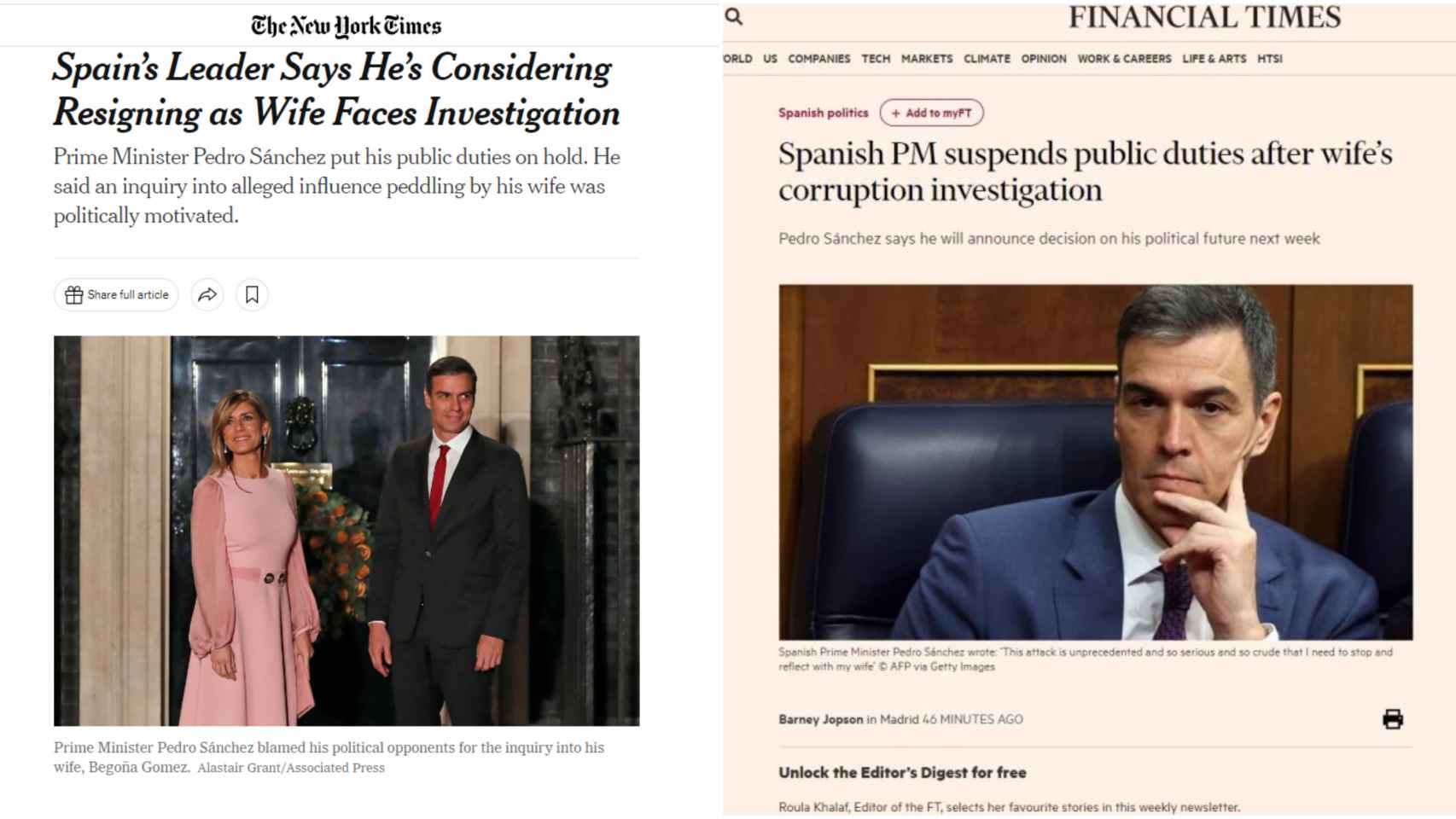 La noticia sobre Sánchez en 'The New York Times'.
