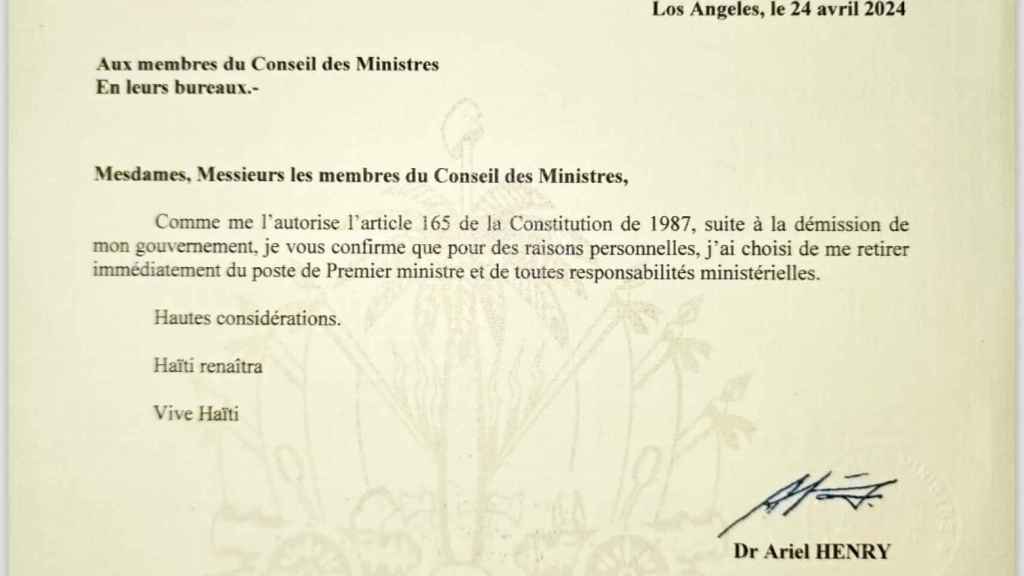 Carta publicada por Ariel Henry informando de su renuncia como Primer Ministro de Haití.