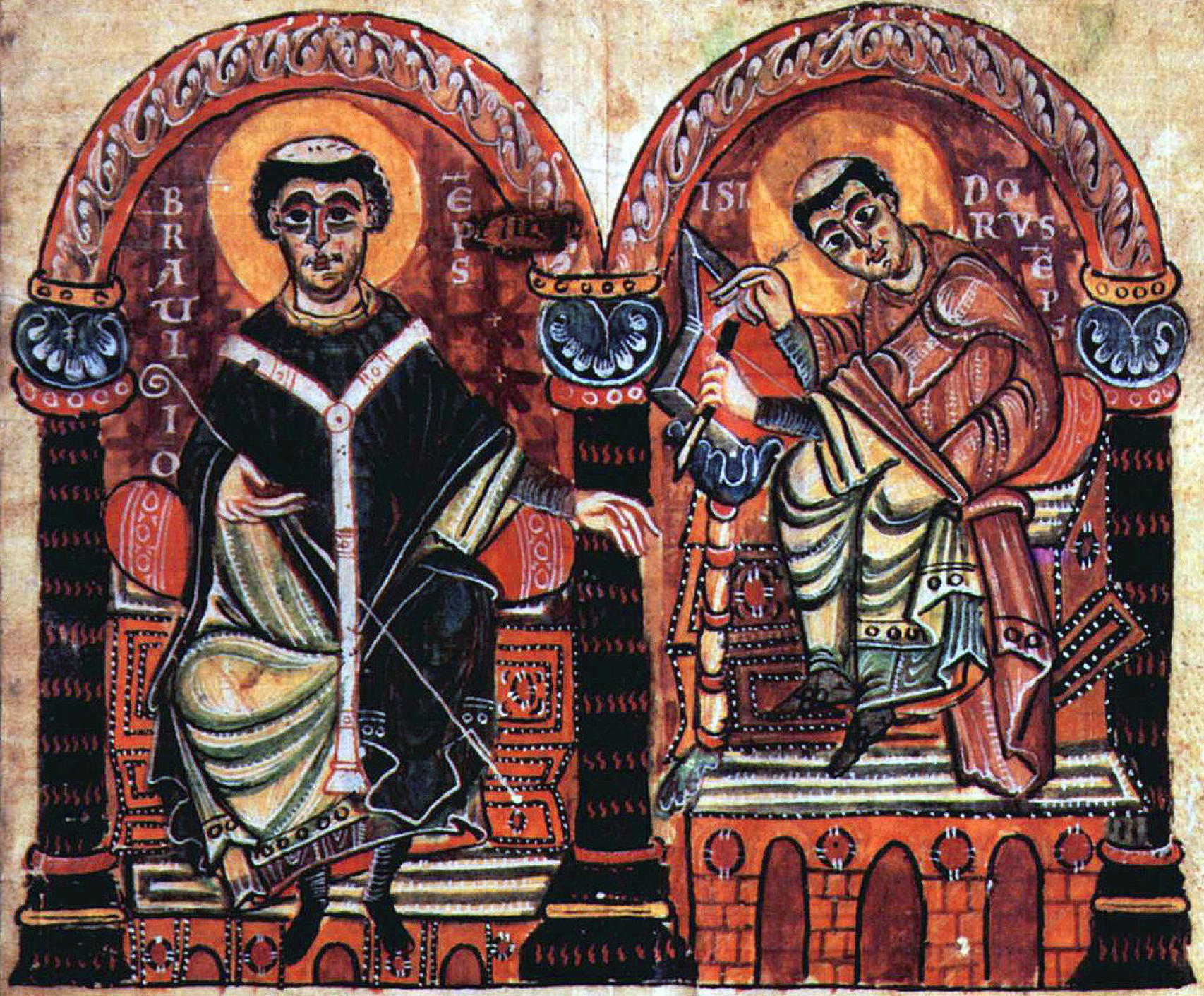 Braulio de Zaragoza e Isidoro de Sevilla en una miniatura otoniana del siglo X.