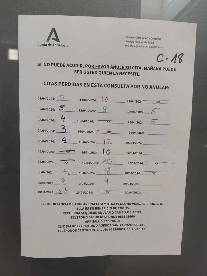 Cartel informativo colocado en un Centro de Salud de Málaga.