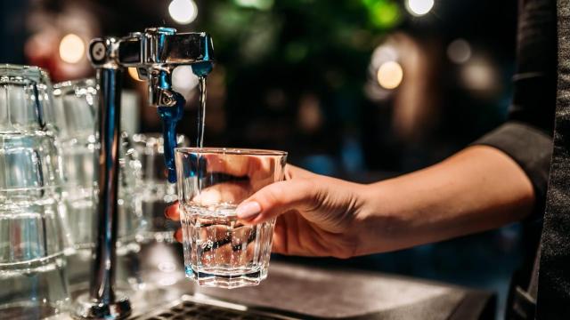 Una camarera sirve un vaso de agua