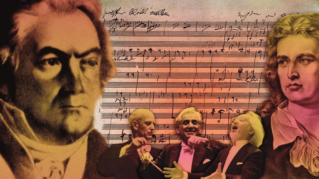 Manuscrito de la 'Novena' de Beethoven con los directores Wilhem Furtwängler, Leonard Bernstein y Masaaki Suzuki. Sobre estas líneas, el poeta Friedrich Schiller