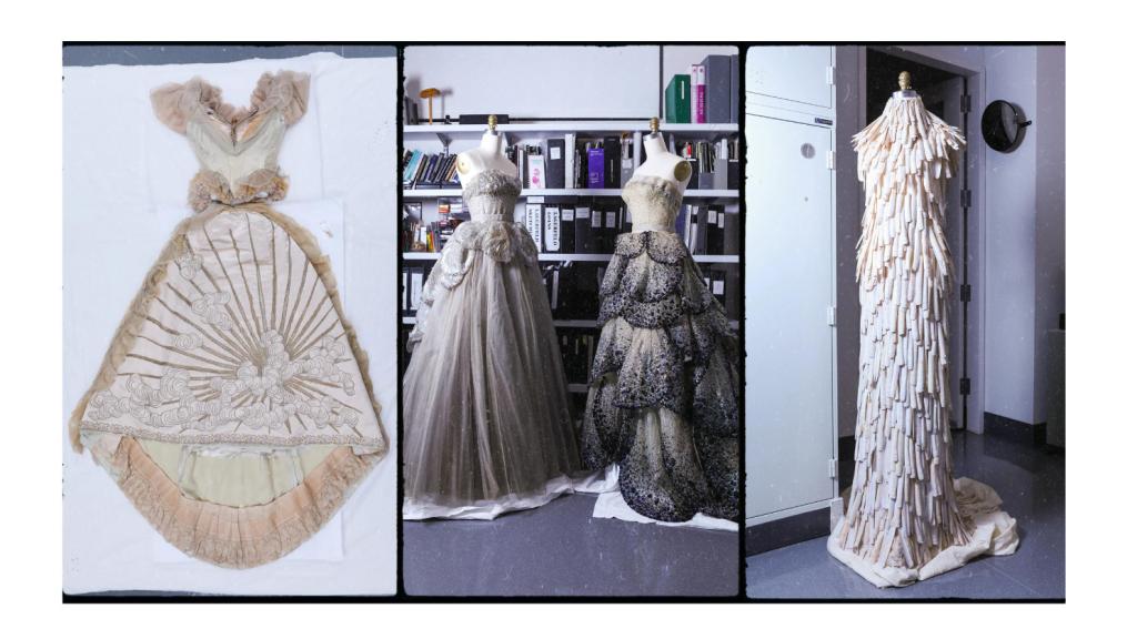 De izquierda a derecha: vestido de baile de Charles Frederick Worth, vestido de baile Venus y vestido de baile Junon de Christian Dior , y vestido de Alexander McQueen