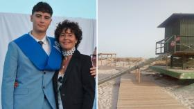 Álvaro, sonriente, el día de su graduación, junto a su madre, Altagracia. Al lado, una foto tomada el 3 de julio de 2022 que pone de manifiesto que el puesto de socorrismo que se desplomó sobre el adolescente ya carecía de pilares de sujeción.