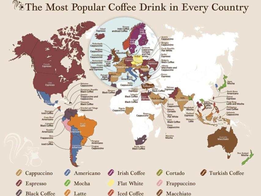 Mapa de los cafés más populares en cada país.