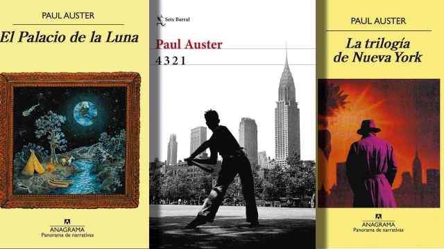 Portadas de 'El palacio de la luna', '4 3 2 1' y 'La trilogía de Nueva York' de Paul Auster.
