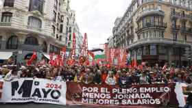 Manifestación convocada por los dos grandes sindicatos, CCOO y UGT, este miércoles en Madrid.