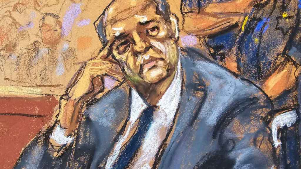 Boceto de Harvey Weinstein en el tribunal penal de Manhattan este 1 de mayo.