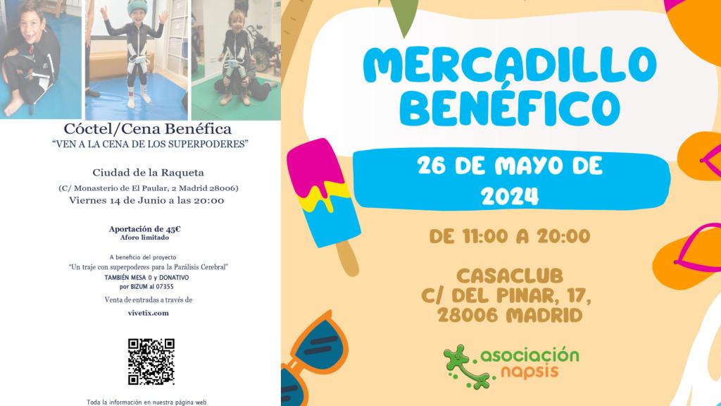 Anuncio de la cena benéfica y del mercadillo solidario de Napsis.