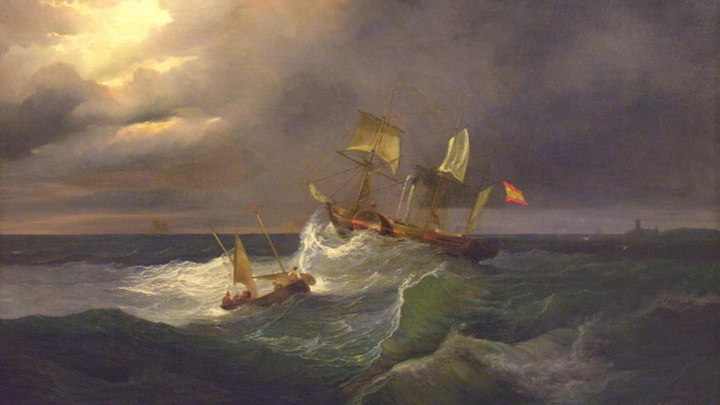 El vapor Isabel II en un mar picado según el pincel de Antonio de Bugada. Mediados del siglo XIX.