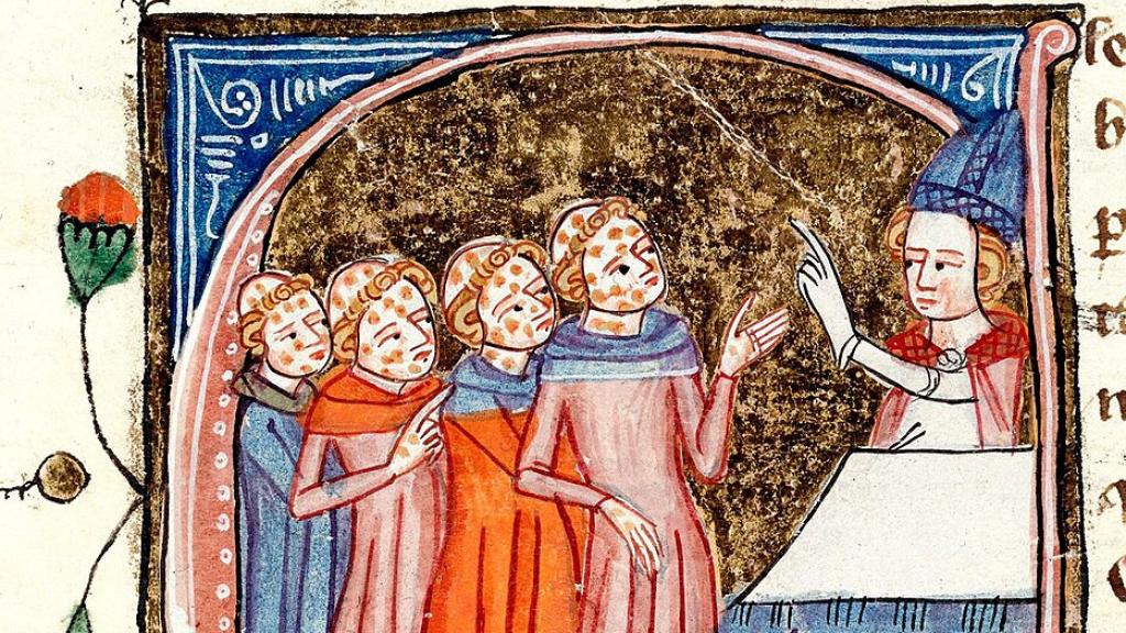 Clérigos con lepra frente a un obispo según un manuscrito medieval del siglo XIV.