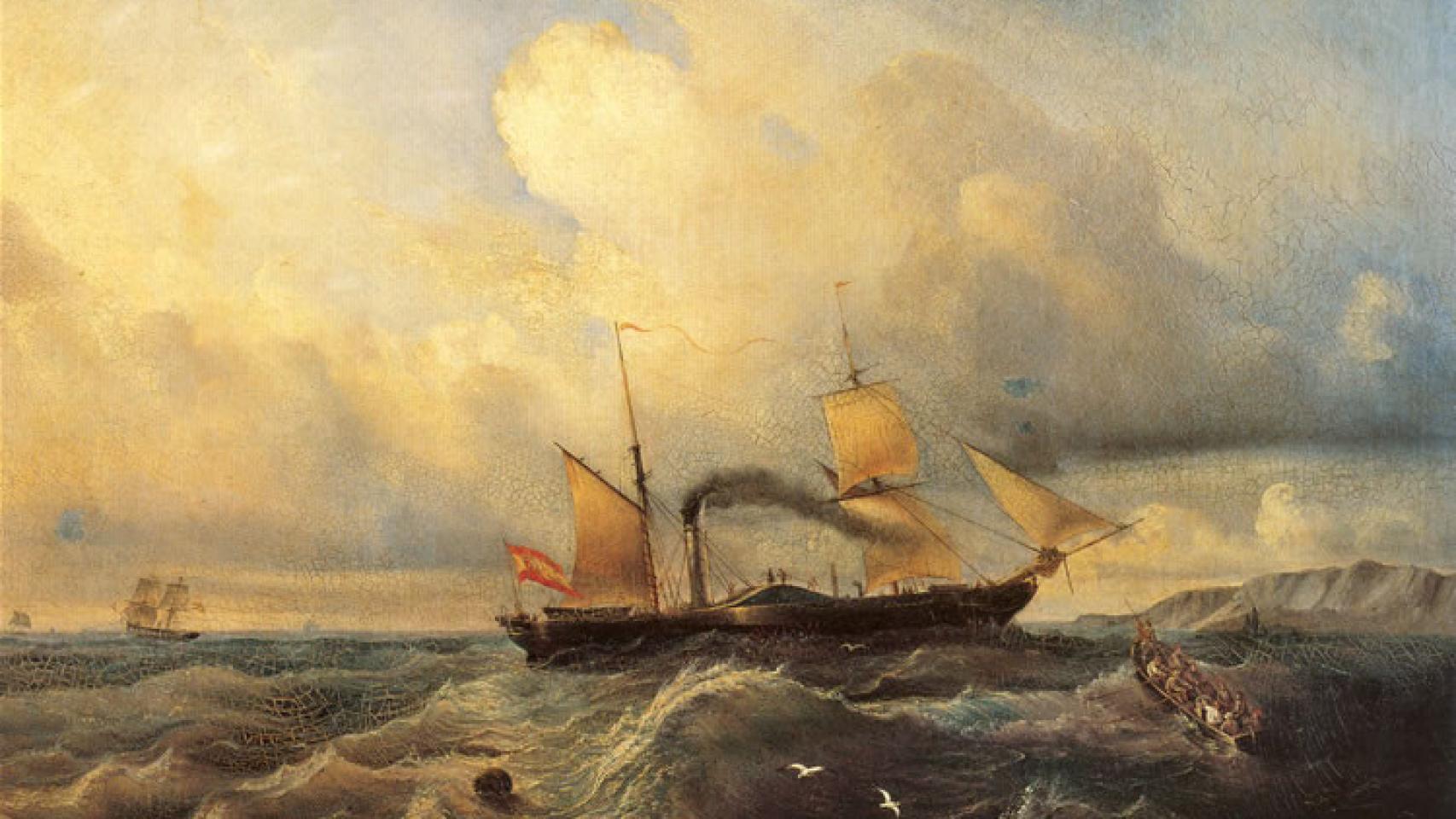 Vapor de ruedas 'Isabel II' surcando el mar según el pincel de Antonio de Brugada c. 1863.