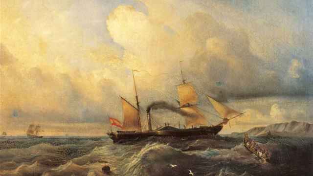 Vapor de ruedas 'Isabel II' surcando el mar según el pincel de Antonio de Brugada c. 1863.