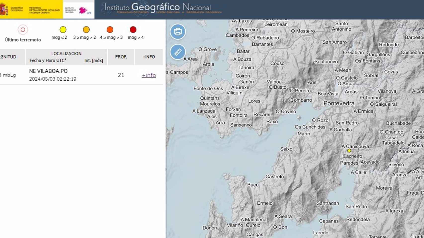 Terremoto con epicentro en Vilaboa (Pontevedra).