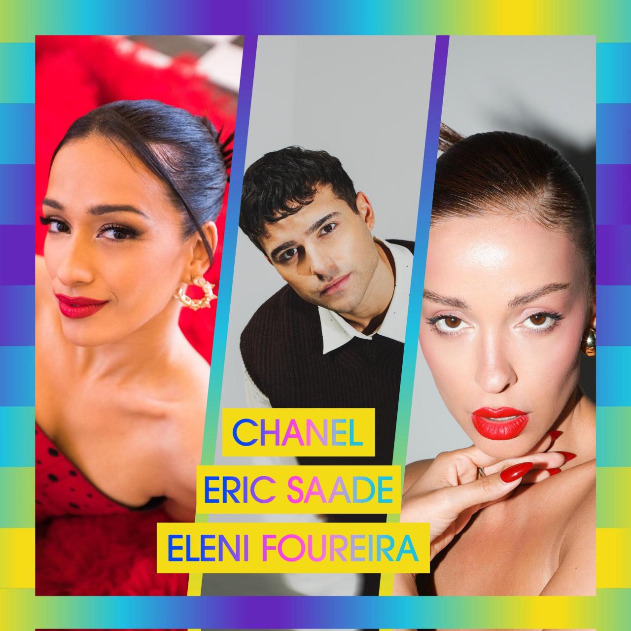 Cartel promocional de Eurovisión 2024 con Chanel, Eric Saade y Eleni Foureira.