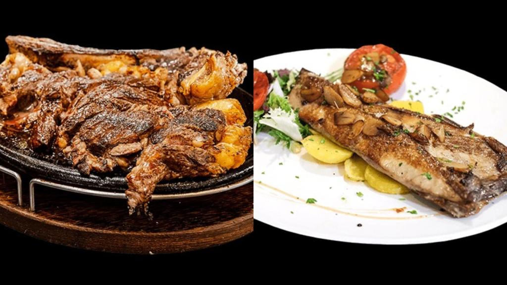 A la izquierda, un plato de carne a la parrilla y, a la derecha, un plato de pescado del restaurante Sobiñagu (Asturias).