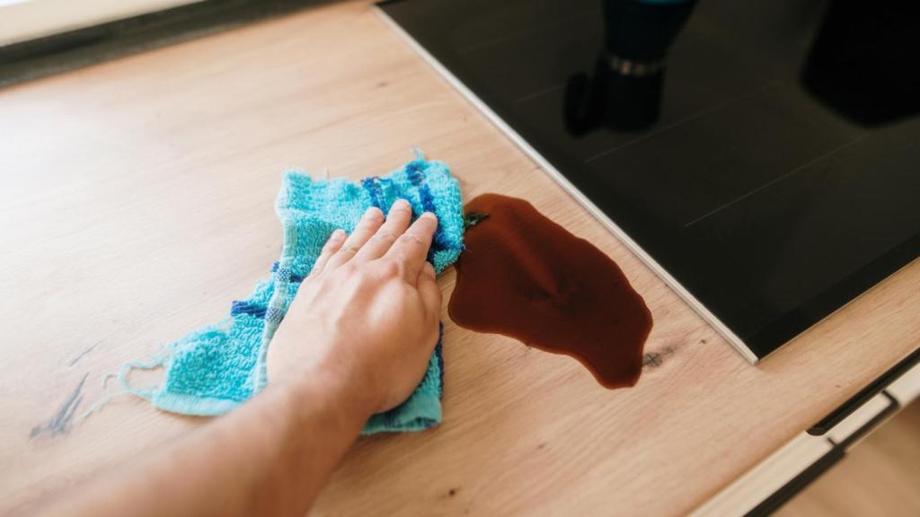 Mujer limpiando una mancha de café de la encimera de la cocina.