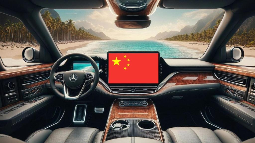 Interior de un coche con la bandera china en la pantalla