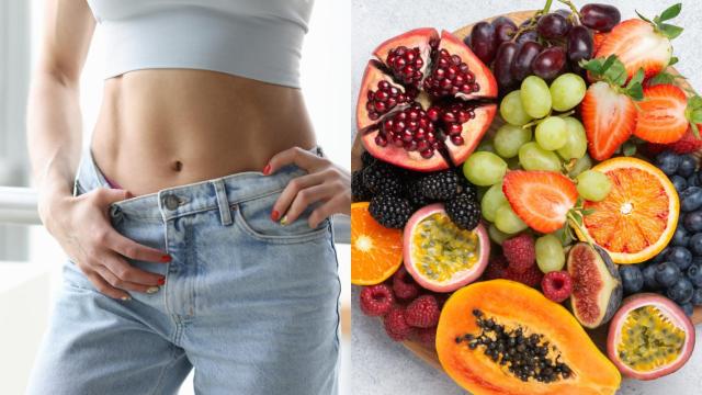 Montaje de un abdomen de una mujer y fruta.