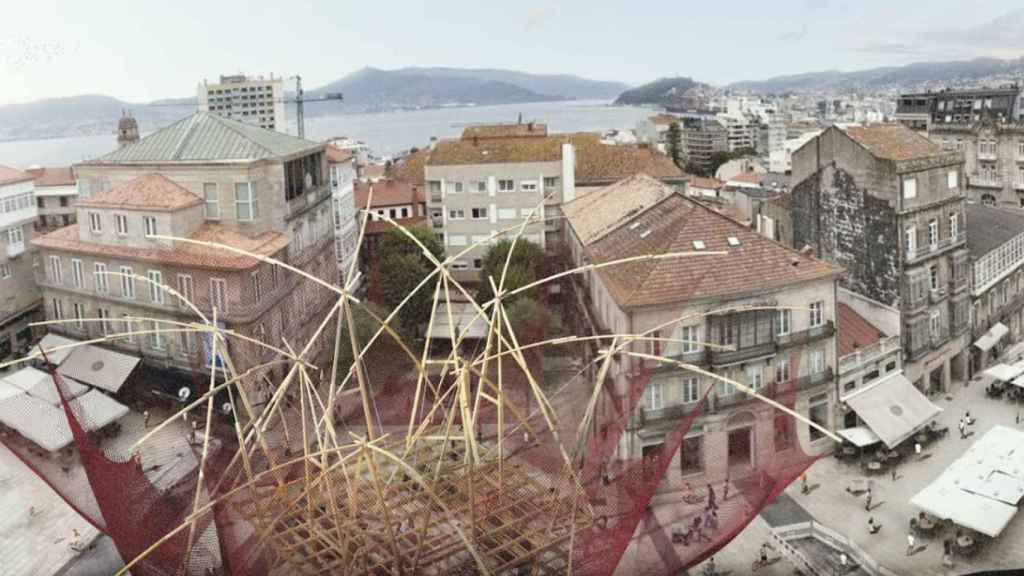 Boceto de ‘¡Qué faena(r)!’, pabellón temporal del Festival de Arquitectura Urbana TAC! de Vigo.