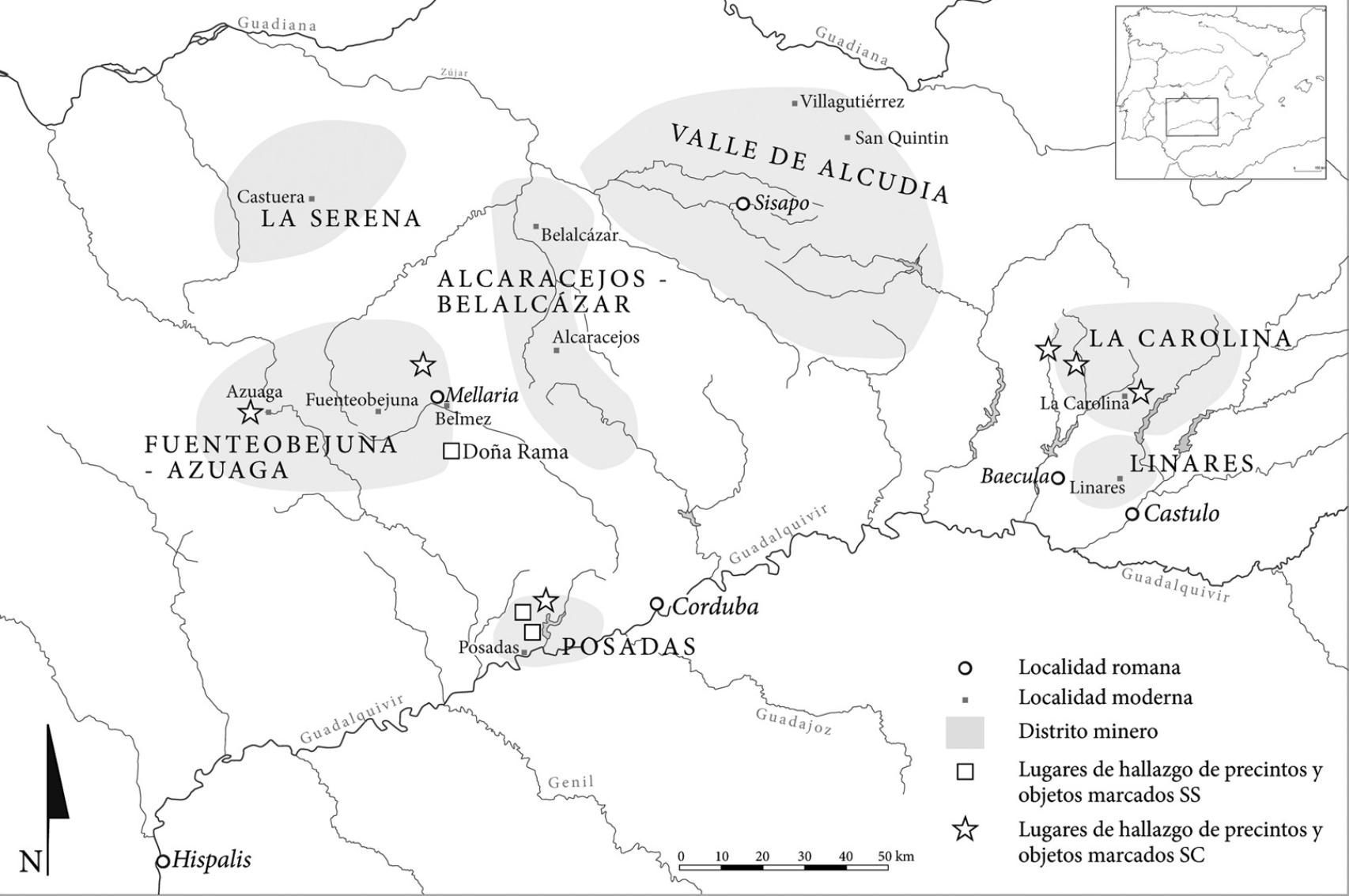 Mapa de los distritos mineros de Sierra Morena en época romana.