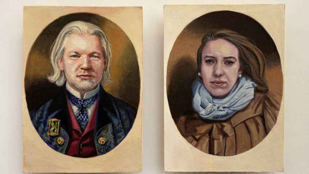 Retratos en miniatura de Julian Assange y su mujer, Stella