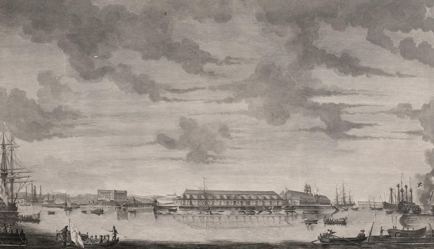 Vista del arsenal de La Carraca desde el mar según un grabado de Simón Brieva. S. XVIII