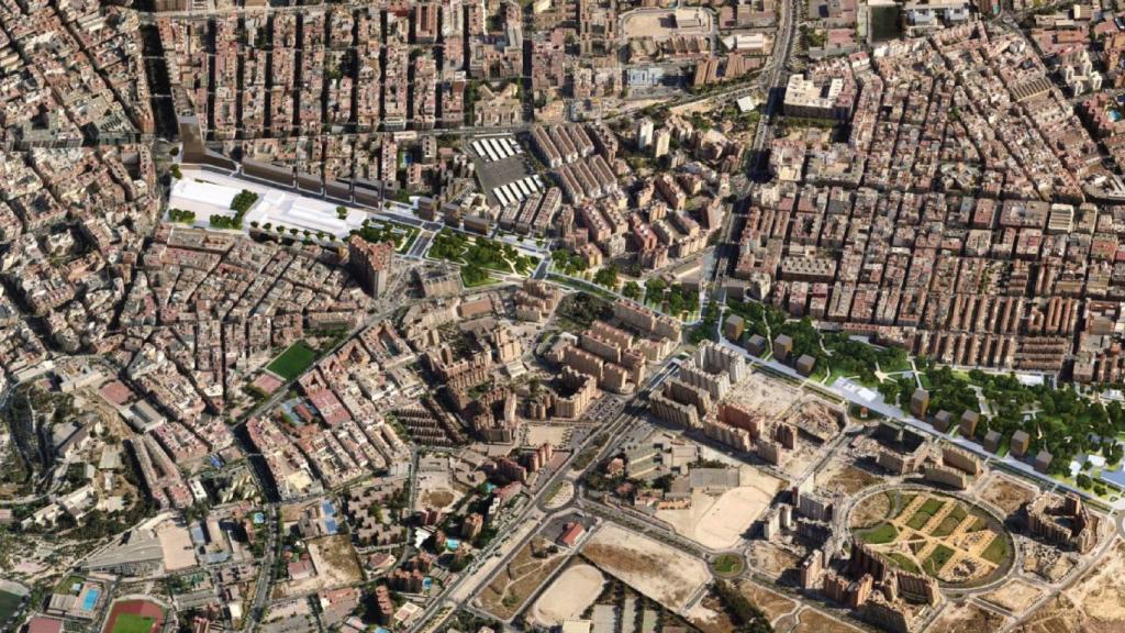 Imagen virtual del Parque Central de Alicante sobre las actuales edificaciones.