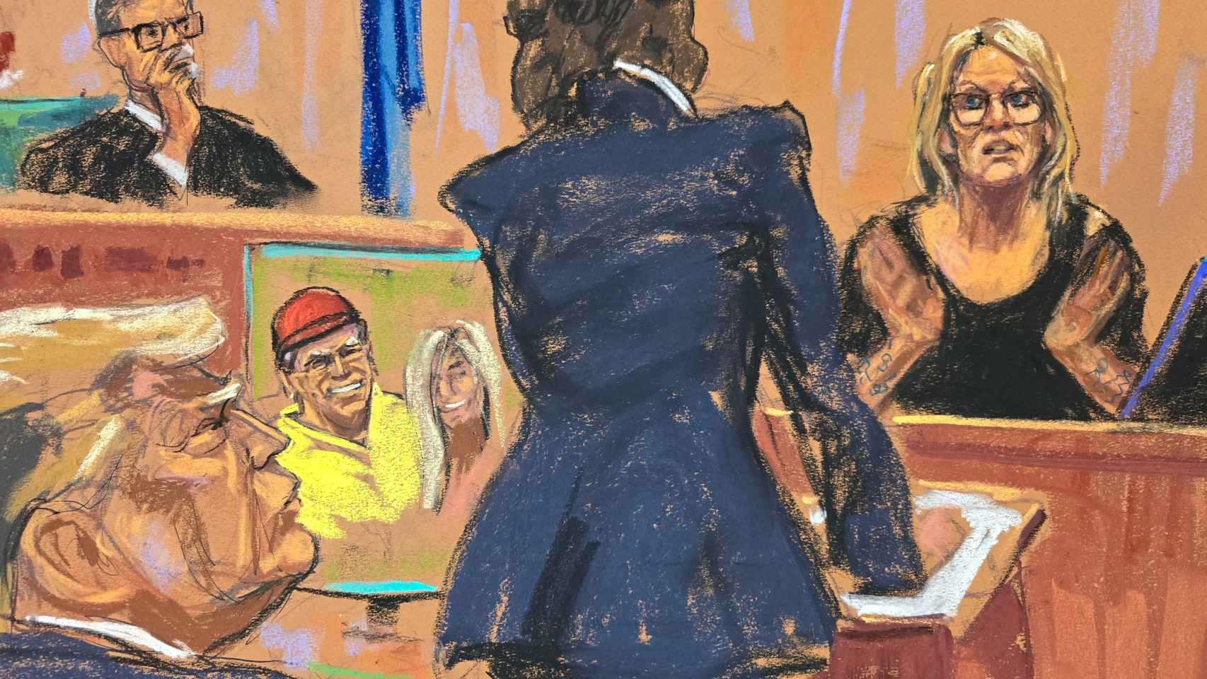Dibujo de la actriz porno Stormy Daniels declarando en el juicio contra Trump.