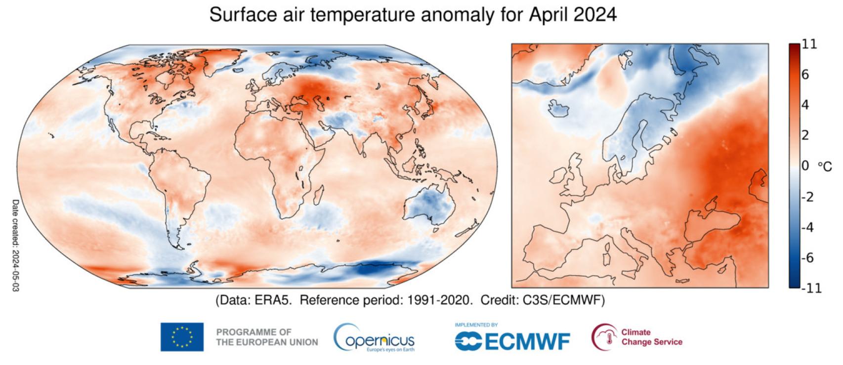 Anomalía de la temperatura del aire en superficie para abril de 2024 con respecto al promedio de abril para el período 1991-2020.