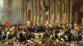 Alphonse de Lamartine defiende el uso de la bandera tricolor delante del ayuntamiento de París, el 26 de febrero de 1848.