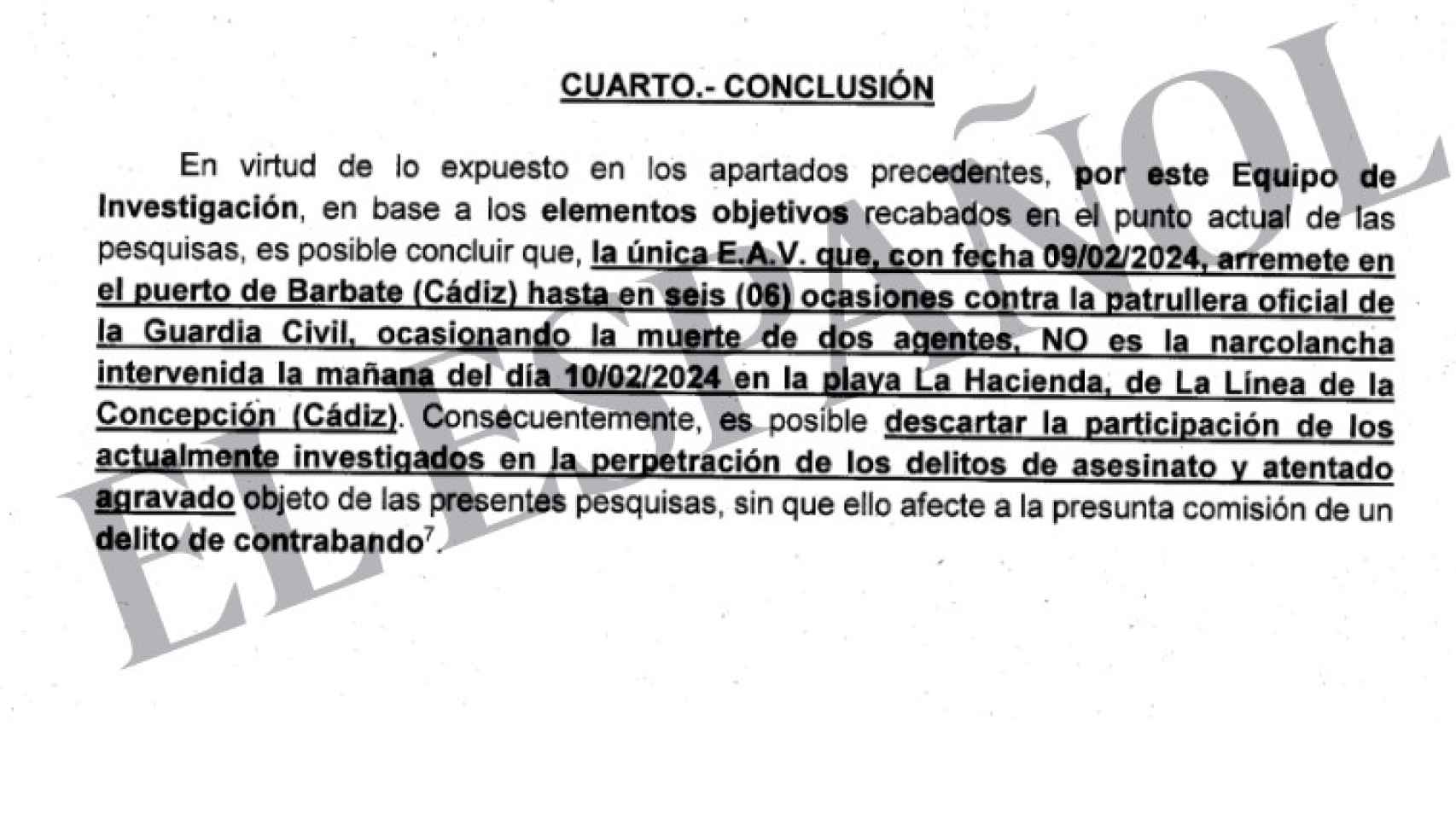 Fragmento del informe de la Guardia Civil que reconoce que los detenidos no son los autores del crimen