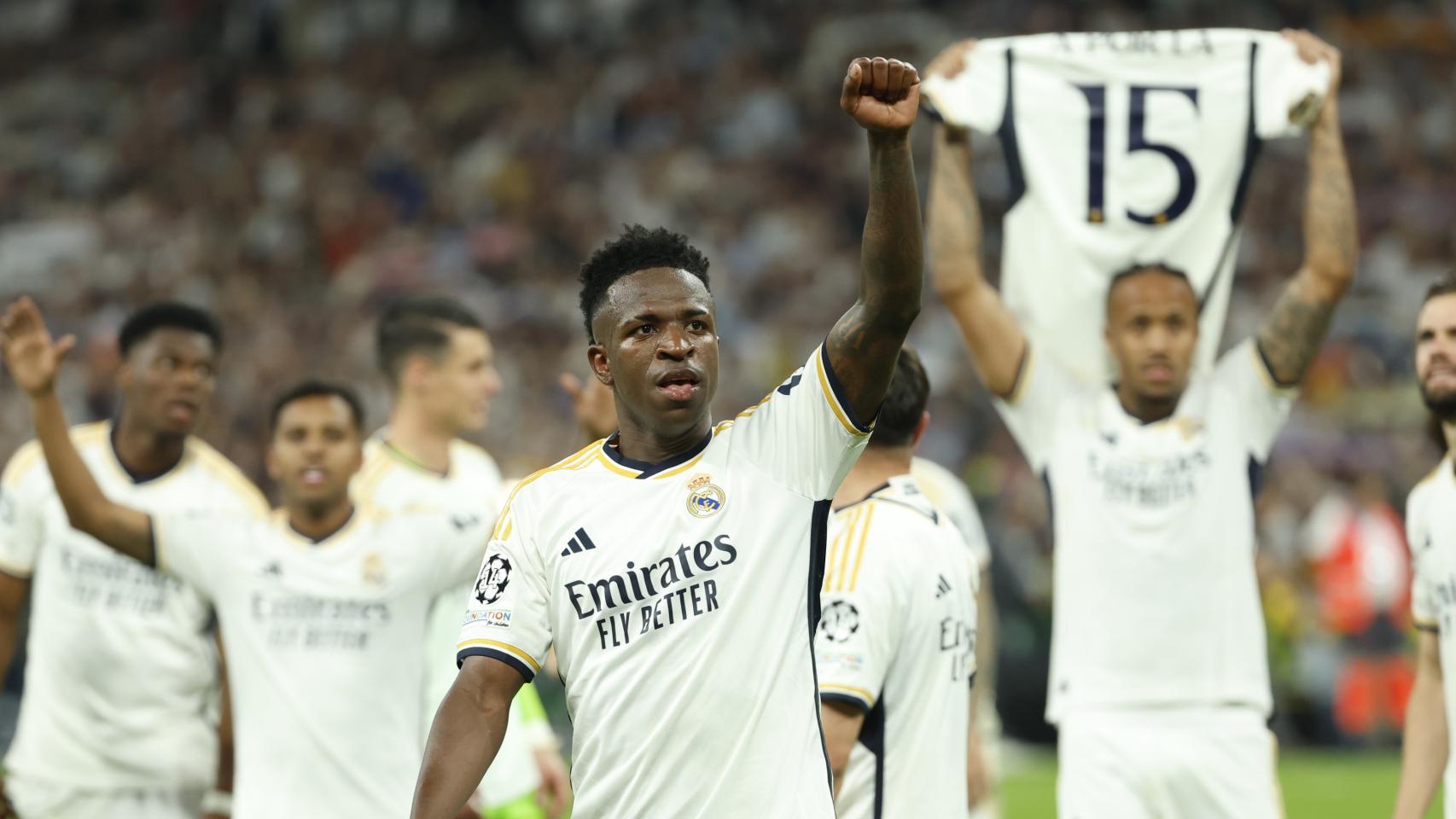 Vinicius, durante la celebración de la victoria contra el Bayern Múnich