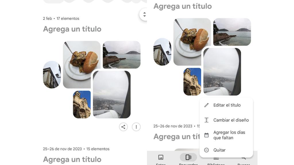 Opciones en recuerdos de Google Fotos