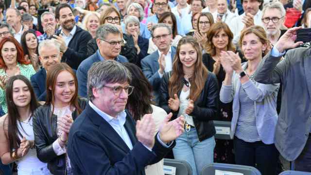 Carles Puigdemont, candidato de Junts, en el mitin de cierre de campaña, en Elna (Francia).