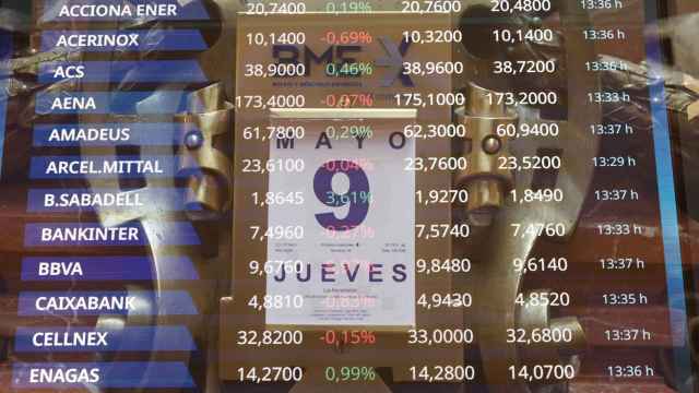 Un panel en el Palacio de la Bolsa de Madrid el jueves 9 de mayo, día en el que BBVA lanzó su opa hostil sobre Banco Sabadell.