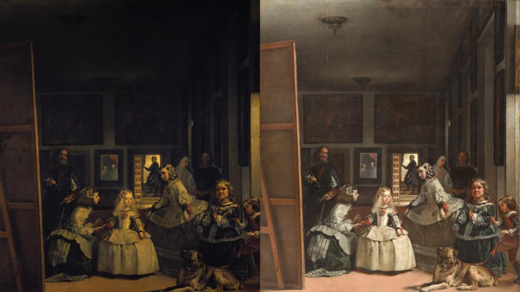 'Las Meninas' antes y después de la restauración de 1984. Fotos: Museo del Prado.