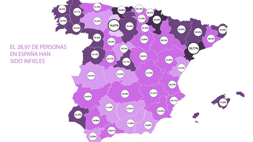 Mapa con las provincias más y menos infieles de España.