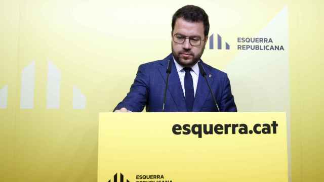 El presidente de la Generalitat en funciones, Pere Aragonès,  este lunes en rueda de prensa.