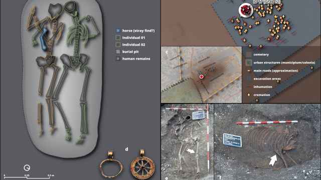 Ilustración del enterramiento doble, su localización en la necrópolis, los anillos de oro, foto de los individuos y restos del caballo,
