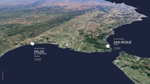 Vista aérea de los dos puntos del Valle Andaluz del Hidrógeno verde que está impulsando Cepsa.