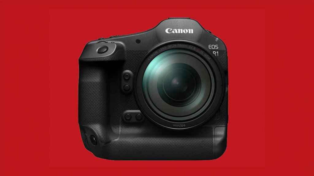 Canon EOS R1 en un fotomontaje.