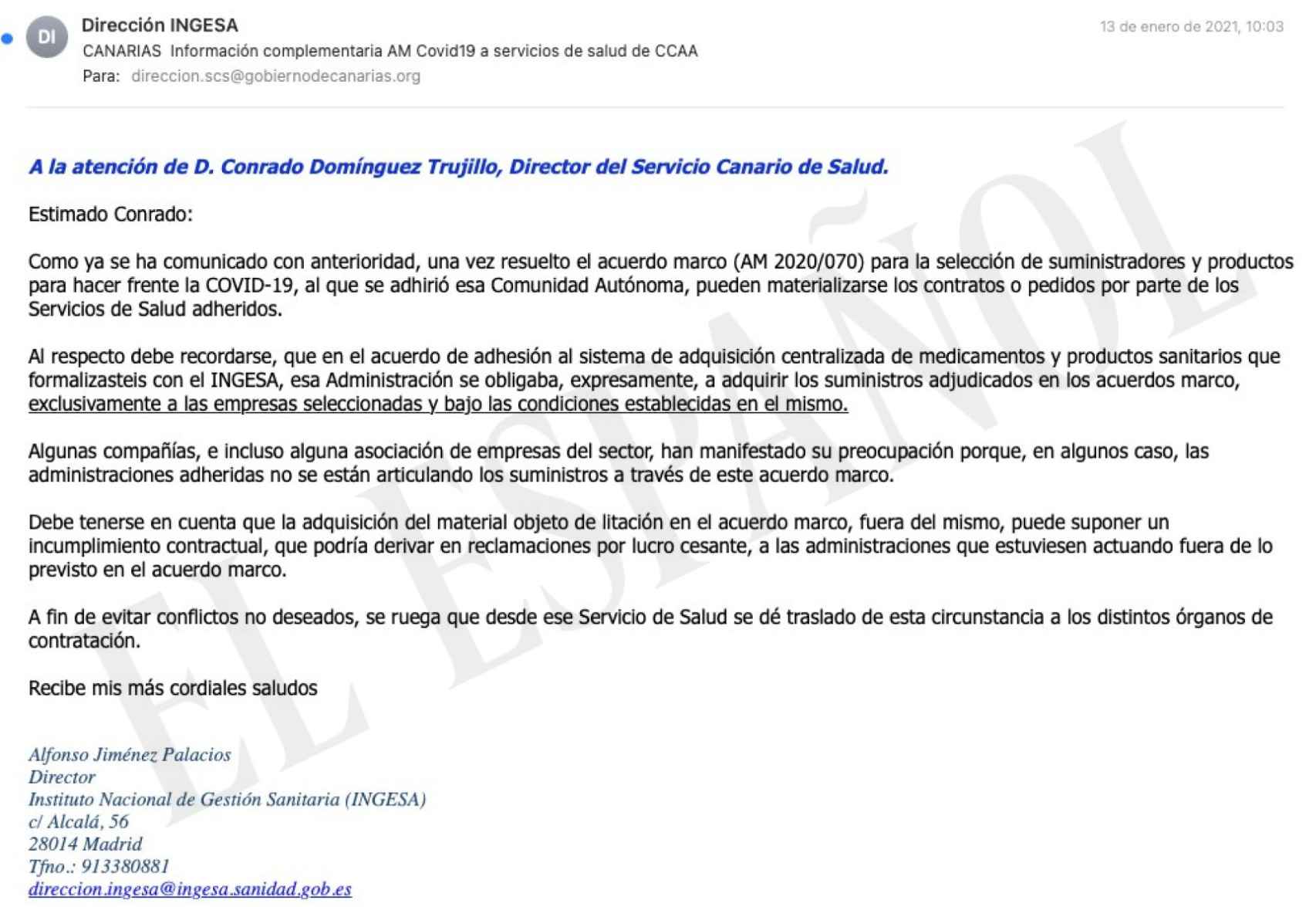 Email del director de INGESA a Conrado Domínguez del Servicio Canario de la Salud