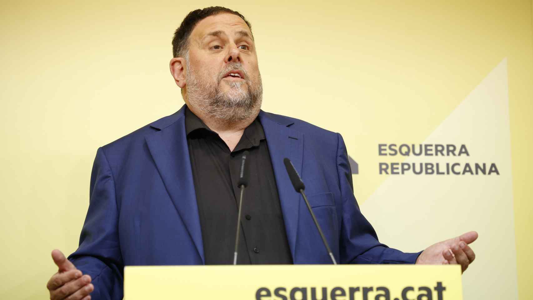 El presidente de ERC, Oriol Junqueras, este jueves en rueda de prensa.