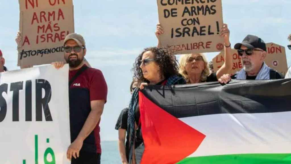 Un grupo de activistas de la Red Solidaria contra la Ocupación de Palestina (Rescop) protestando por la llegada del buque Borkum a Cartagena.