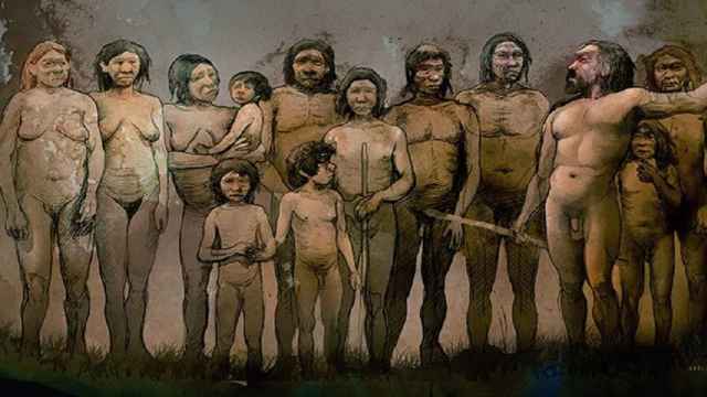 Ilustración idealizada de los 13 neanderthales de El Sidrón (Asturias).