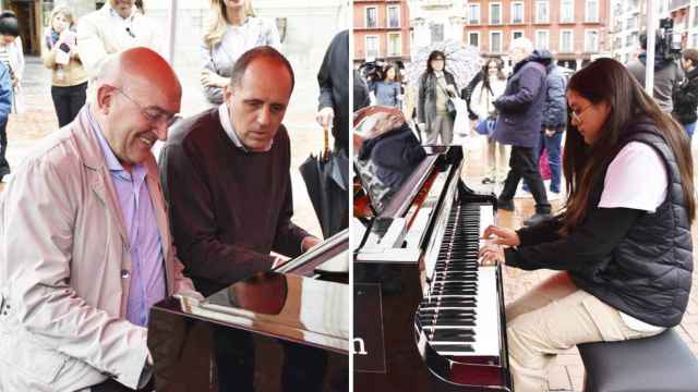 Maialen y Jesús Julio Carnero al piano en la Plaza Mayor