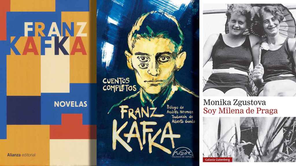 Las cubiertas de los libros 'Novelas' y 'Cuentos completos', de Franz Kafka, y 'Soy Milena de Praga', de Monika Zgustova