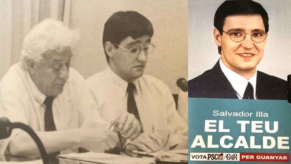 Salvador Illa junto a Romà Planas, alcalde del que aprendió todo en el PSC, y un folleto electoral de la época.