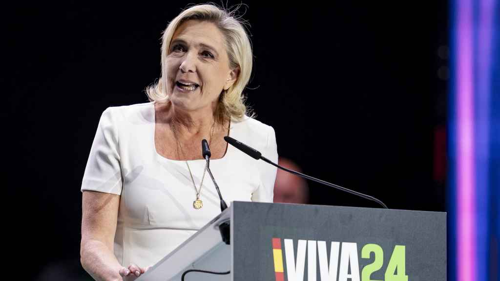 Marine Le Pen, durante su intervención en el foro de fuerzas de derecha radical organizado por Vox en Madrid el pasado 19 de mayo